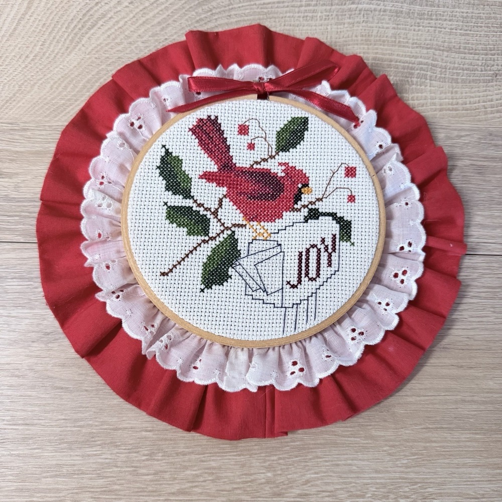 Vintage Handmade Cardinal Cross Stitch Hoop Wall Hanging Christmas Ruffle Lace